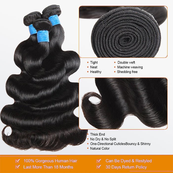 10 - 30 Inch Body Wavy Virgin Brazilian Hair 1B Natural Black - Lordess Beauty