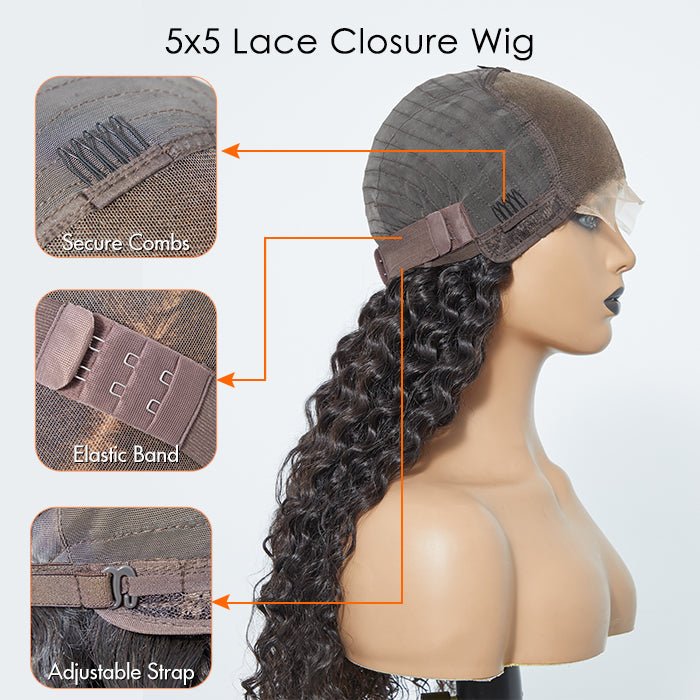 5x5 Glueless Lace Closure Wig 180% Density Deep Wave - Lordess Beauty