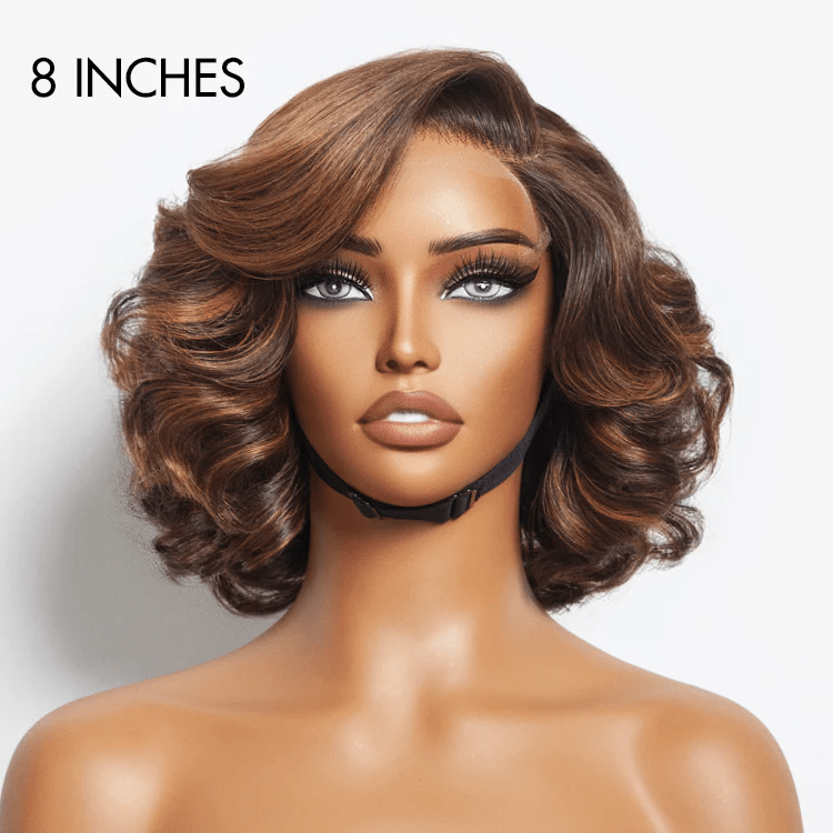 8 inch Brown Ombre Highlight Loose Wave Glueless Minimalist HD Lace Wig Ready To Go - Lordess Beauty