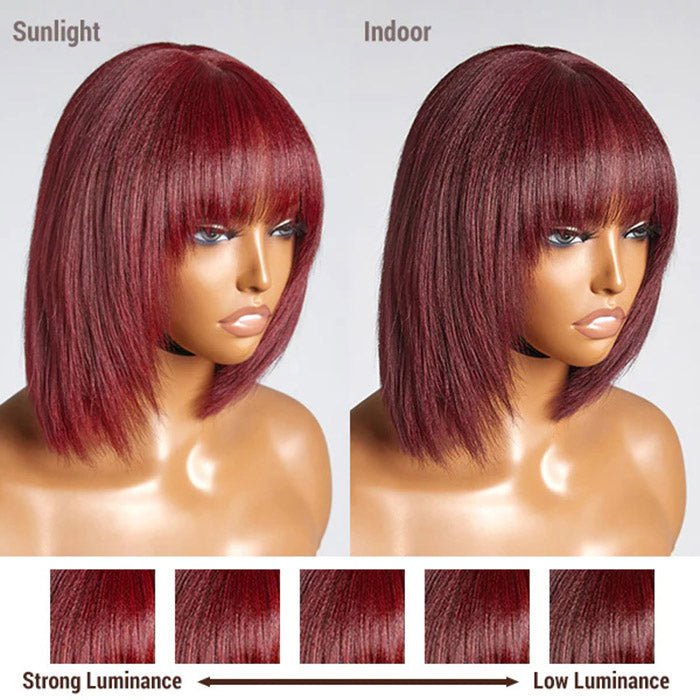 10 Inches Reddish Purple Layered Cut Yaki Straight 99J Lace Bob Wig With Bangs - Lordess Beauty