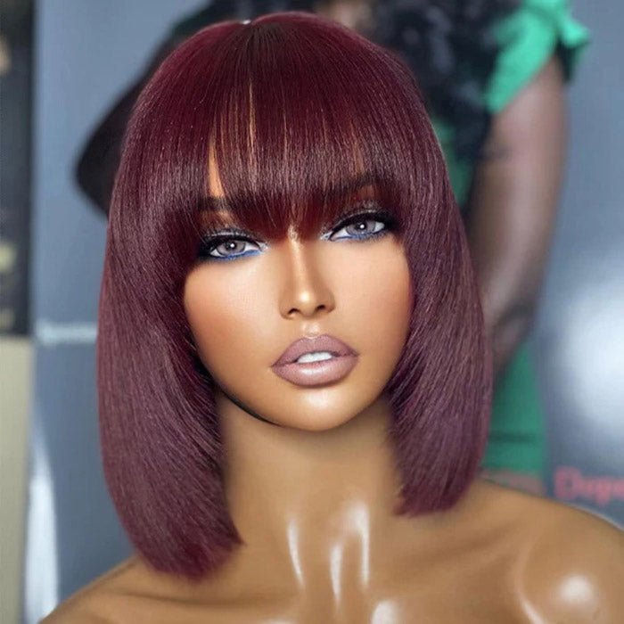 10 Inches Reddish Purple Layered Cut Yaki Straight 99J Lace Bob Wig With Bangs - Lordess Beauty