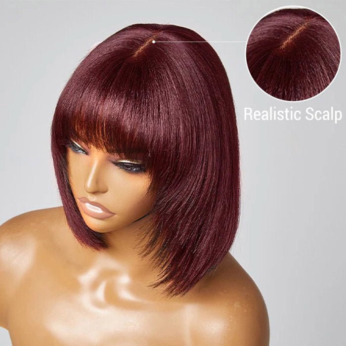 10 Inches Reddish Purple Layered Cut Yaki Straight 99J Lace Bob Wig With Bangs - Lordess Beauty