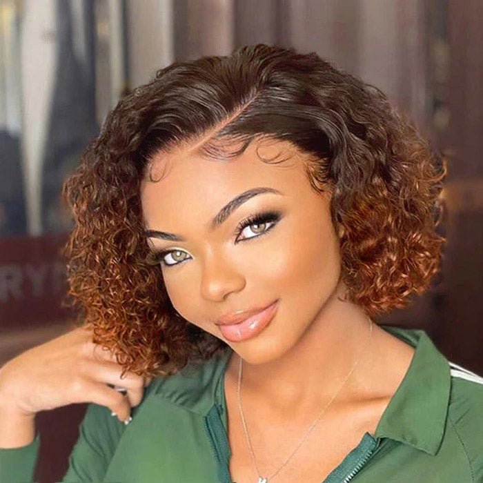10 Inches Trendy Mix Brown Short Cut Curly HD Lace Glueless Side Part Wig - Lordess Beauty