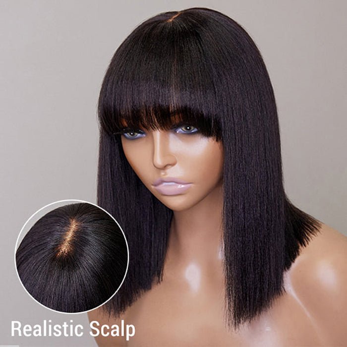 12 Inch Realistic Yaki Straight Bob With Bangs 2x1 Minimalist Lace Wig 150% Density - Lordess Beauty