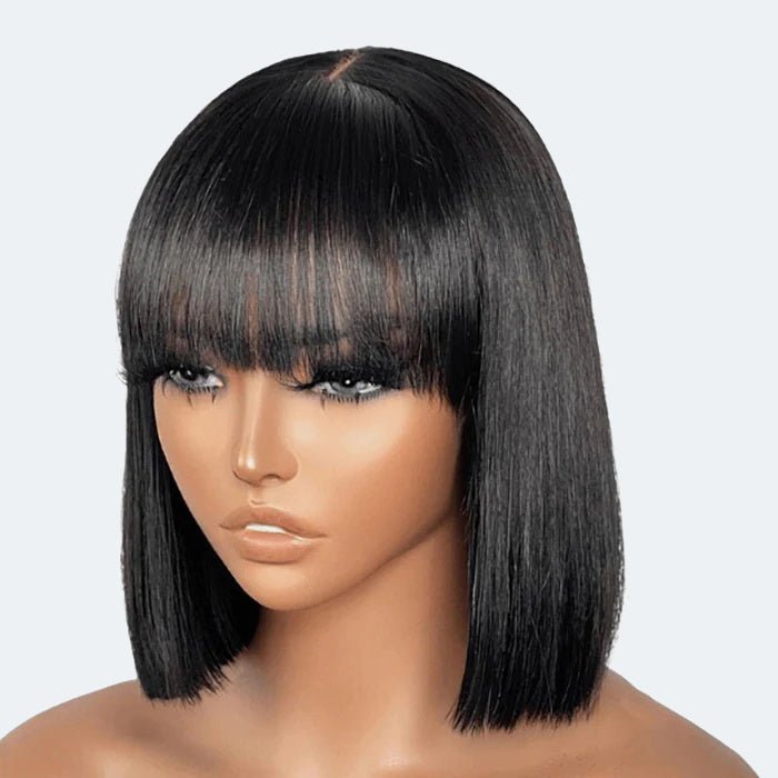 12 Inch Realistic Yaki Straight Bob With Bangs 2x1 Minimalist Lace Wig 150% Density - Lordess Beauty