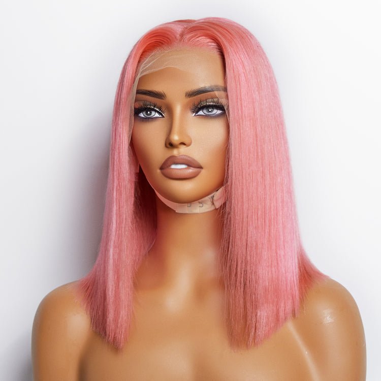 12 Inches Pre - Plucked 13"x4" Pink Straight Bob Lace Frontal Wig 150% Density - 100% Human Hair - Lordess Beauty
