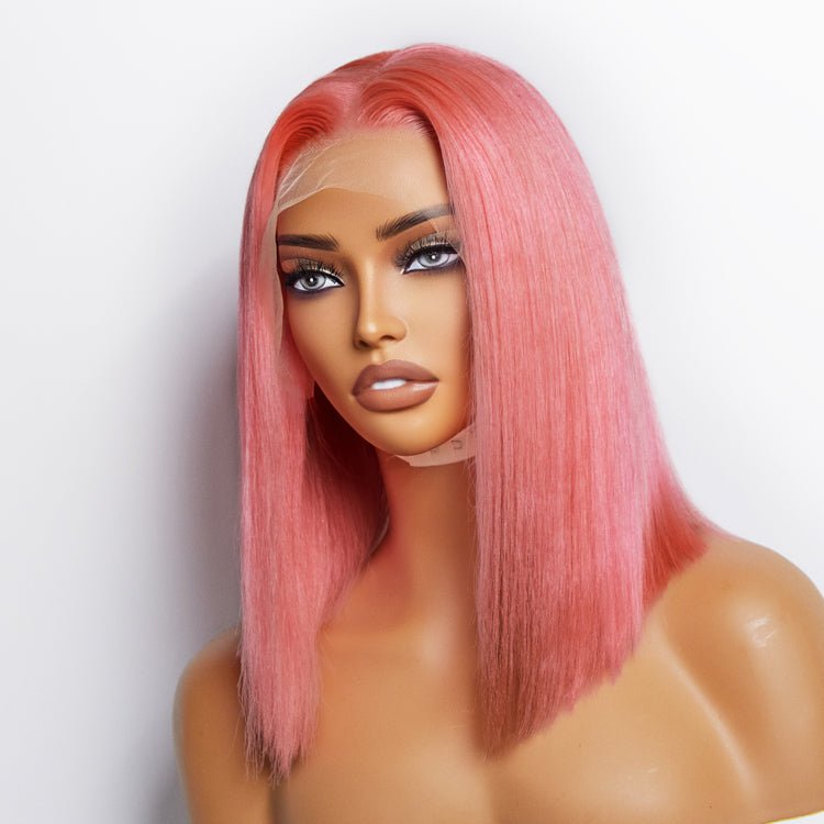 12 Inches Pre - Plucked 13"x4" Pink Straight Bob Lace Frontal Wig 150% Density - 100% Human Hair - Lordess Beauty
