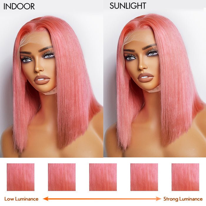 12 Inches Pre - Plucked 13"x4" Pink Straight Bob Lace Frontal Wig 150% Density - 100% Human Hair - Lordess Beauty