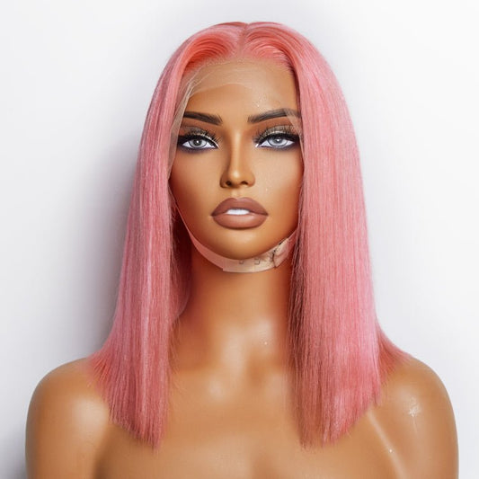 12 Inches Pre - Plucked 13"x4" Pink Straight Bob Lace Frontal Wig 150% Density - 100% Human Hair - Lordess Beauty