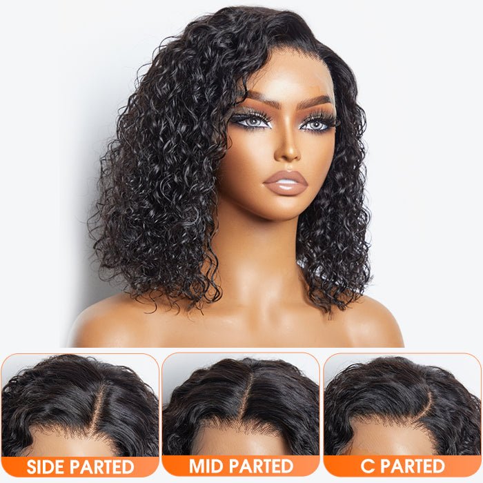 12/14 Inches 13"x4" Natural Black Water Wavy Bob 3D Transparent Lace Frontal Wig - 100% Human Hair - Lordess Beauty