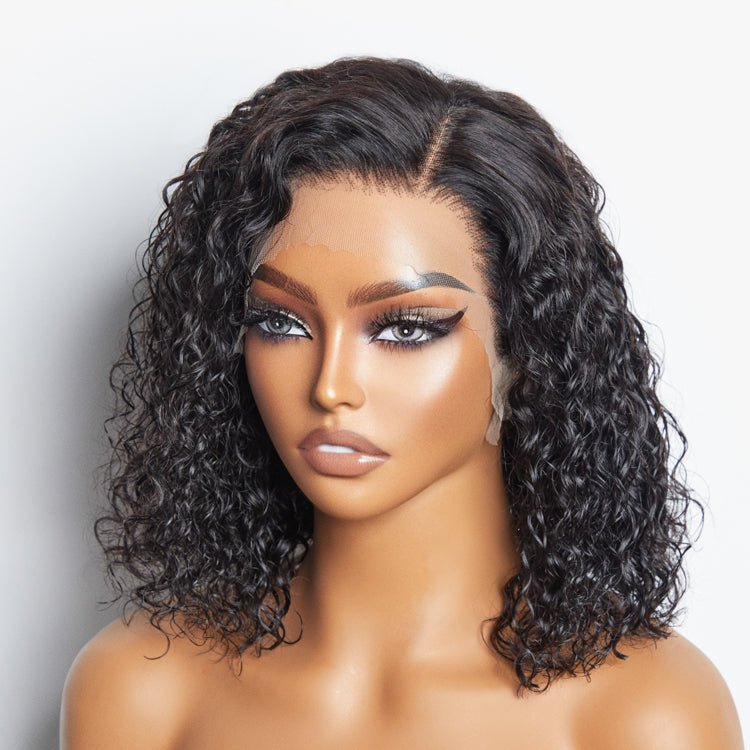 12/14 Inches 13"x4" Natural Black Water Wavy Bob 3D Transparent Lace Frontal Wig - 100% Human Hair - Lordess Beauty