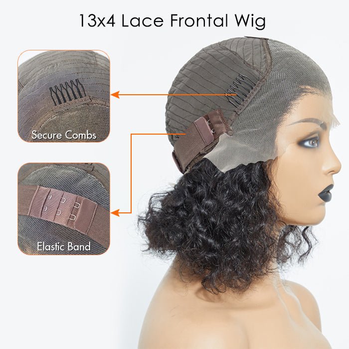 12/14 Inches 13"x4" Natural Black Water Wavy Bob 3D Transparent Lace Frontal Wig - 100% Human Hair - Lordess Beauty