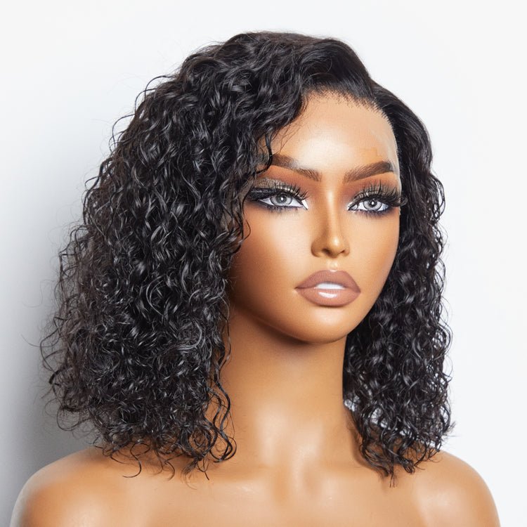 12/14 Inches 13"x4" Natural Black Water Wavy Bob 3D Transparent Lace Frontal Wig - 100% Human Hair - Lordess Beauty