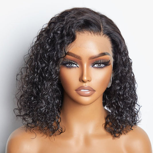 12/14 Inches 13"x4" Natural Black Water Wavy Bob 3D Transparent Lace Frontal Wig - 100% Human Hair - Lordess Beauty