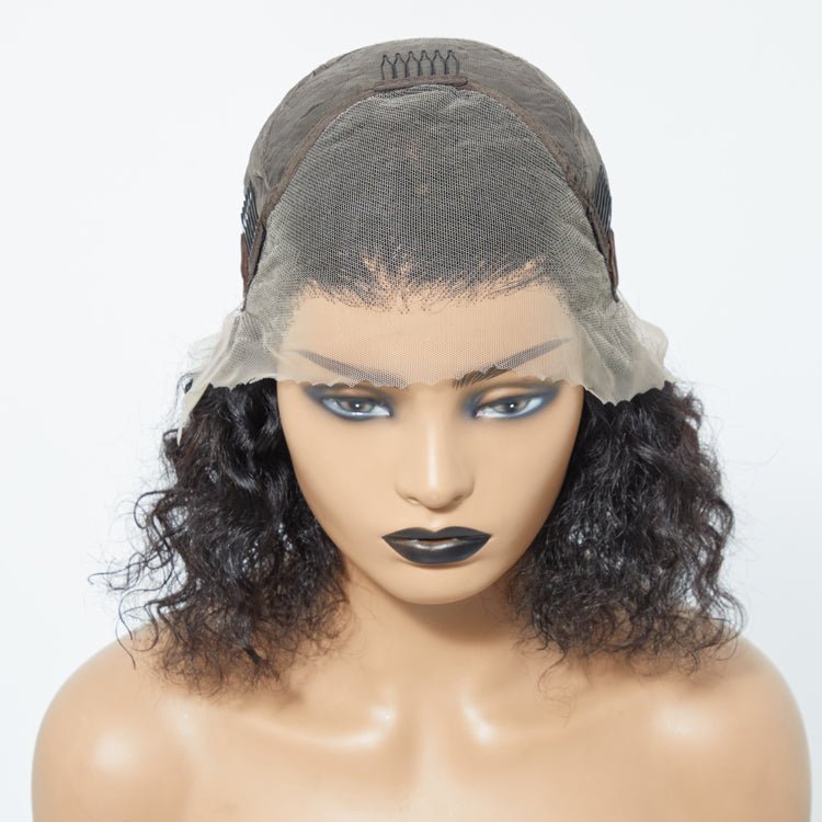 12/14 Inches 13"x4" Natural Black Water Wavy Bob 3D Transparent Lace Frontal Wig - 100% Human Hair - Lordess Beauty