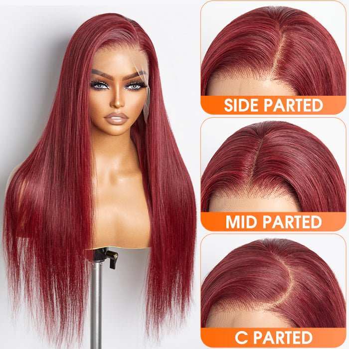 24 Inches Burgundy 13"x4" Lace Front Straight Wig Pre - Plucked Free Part 150% Density - 100% Human Hair - Lordess Beauty