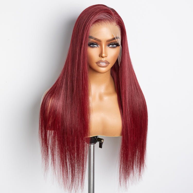 24 Inches Burgundy 13"x4" Lace Front Straight Wig Pre - Plucked Free Part 150% Density - 100% Human Hair - Lordess Beauty