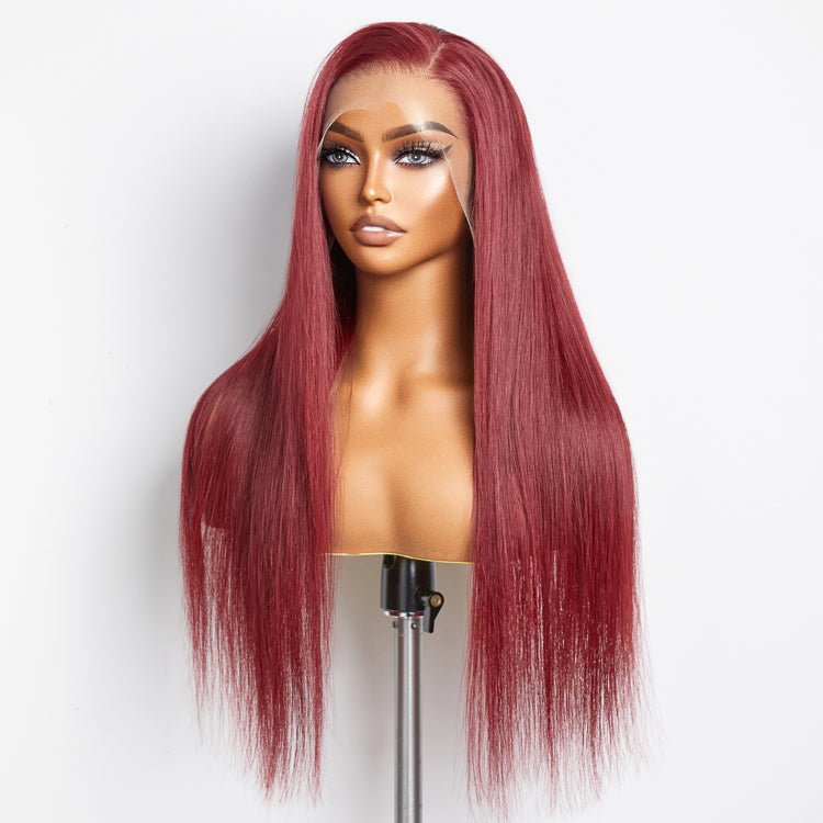 24 Inches Burgundy 13"x4" Lace Front Straight Wig Pre - Plucked Free Part 150% Density - 100% Human Hair - Lordess Beauty