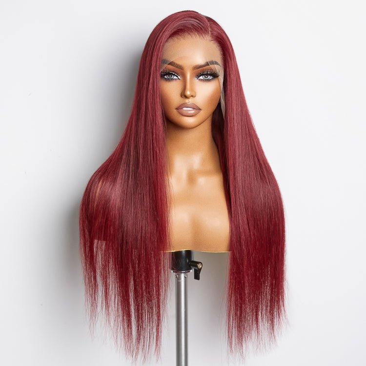 24 Inches Burgundy 13"x4" Lace Front Straight Wig Pre - Plucked Free Part 150% Density - 100% Human Hair - Lordess Beauty