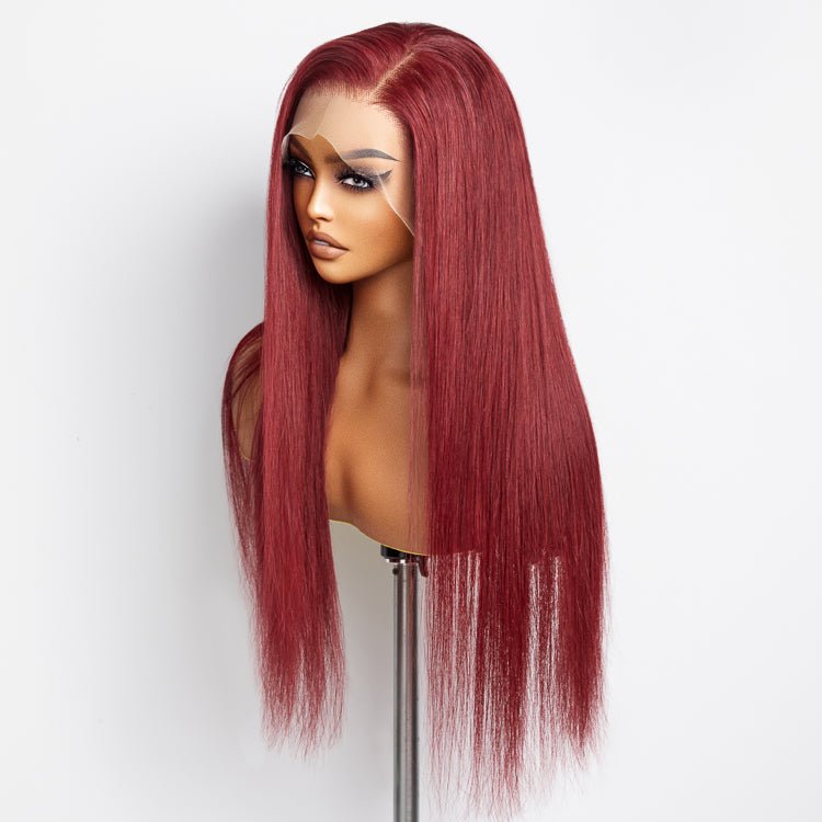 24 Inches Burgundy 13"x4" Lace Front Straight Wig Pre - Plucked Free Part 150% Density - 100% Human Hair - Lordess Beauty