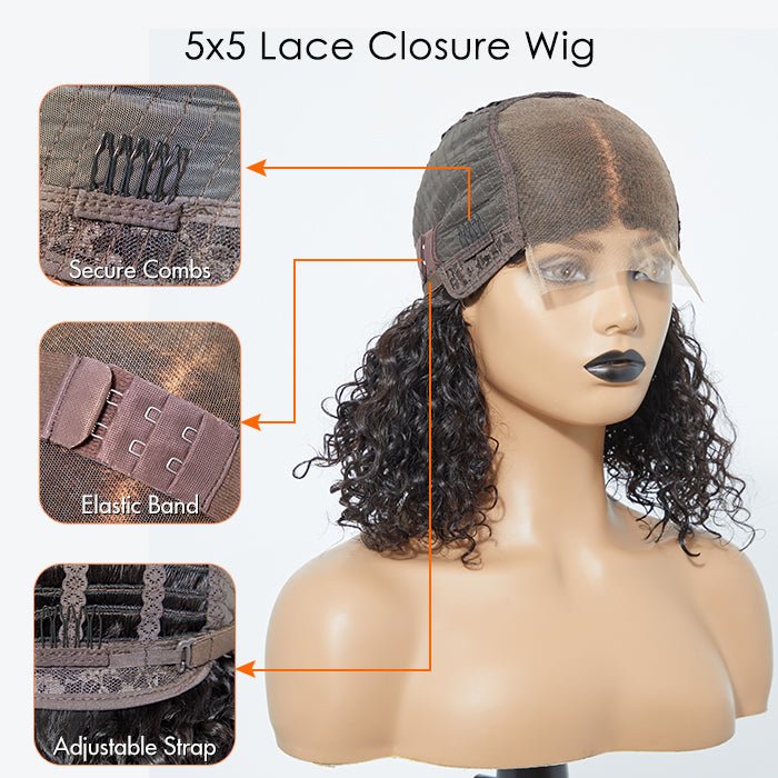 5x5 Glueless Lace Closure Bob Wig 150% Density Water Wave - Lordess Beauty