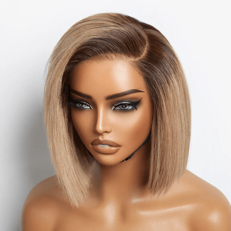 8 inch Ash Blonde Ombre Blunt Cut Bob Glueless Minimalist HD Lace Ready to Go Short Bob Wig - Lordess Beauty
