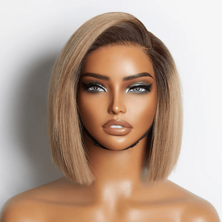 8 inch Ash Blonde Ombre Blunt Cut Bob Glueless Minimalist HD Lace Ready to Go Short Bob Wig - Lordess Beauty