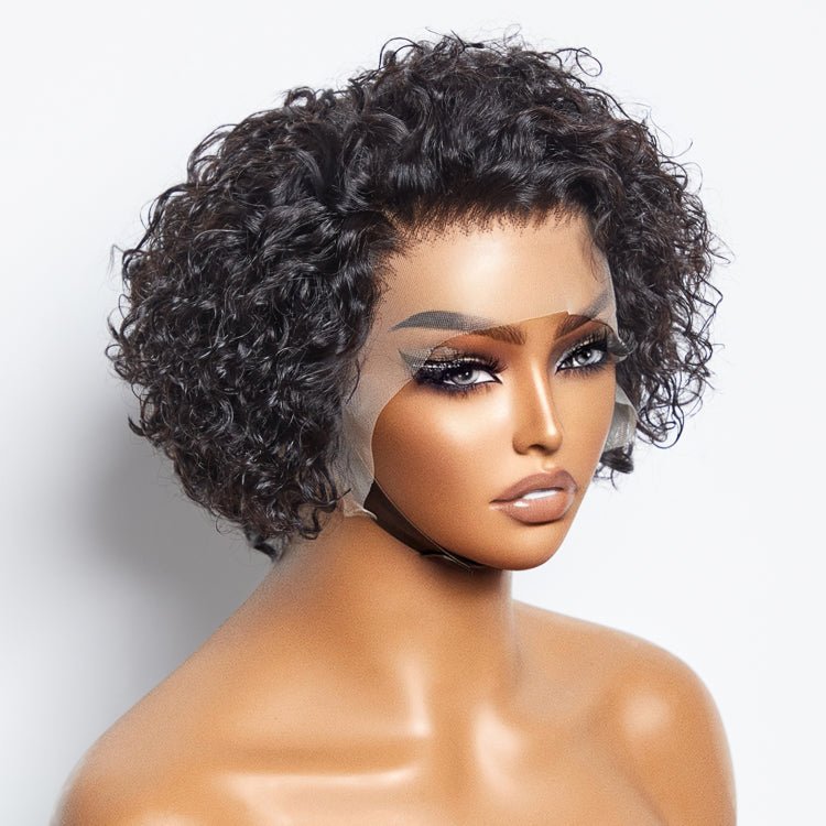 8” Curly Pixie 13x4 Frontal Lace Wig with pre-bleached knots. 100% Brazilian virgin hair, 150% density