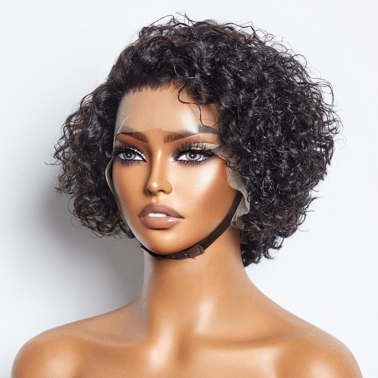 8” Curly Pixie 13x4 Frontal Lace Wig with pre-bleached knots. 100% Brazilian virgin hair, 150% density