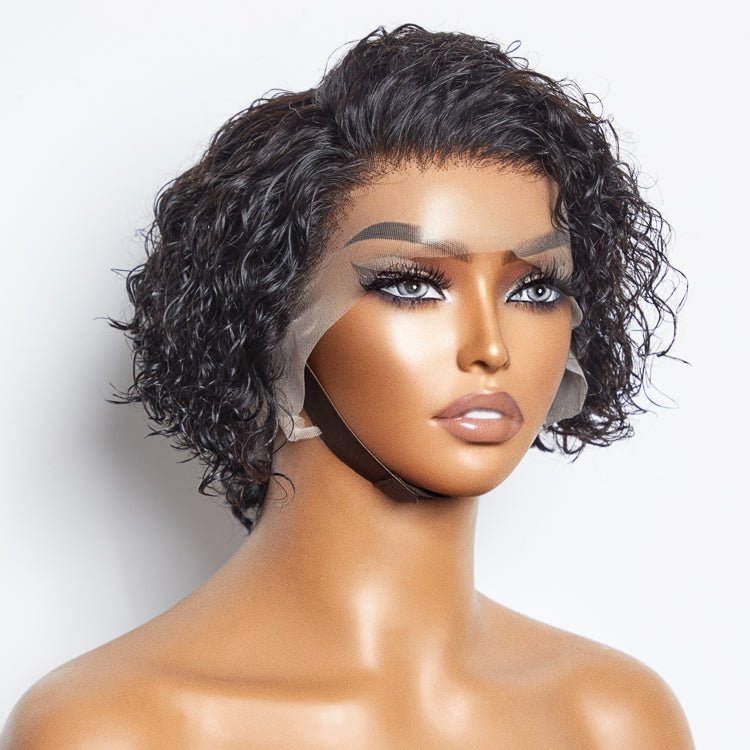 8” Curly Pixie 13x4 Frontal Lace Wig with pre-bleached knots. 100% Brazilian virgin hair, 150% density