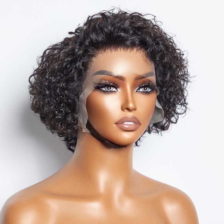8” Curly Pixie 13x4 Frontal Lace Wig with pre-bleached knots. 100% Brazilian virgin hair, 150% density