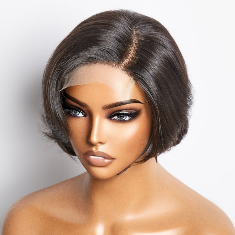 8 Inches 4"x4" Natural Black Straight Bob Side Part Lace Closure Wig - 100% Human Hair - Lordess Beauty