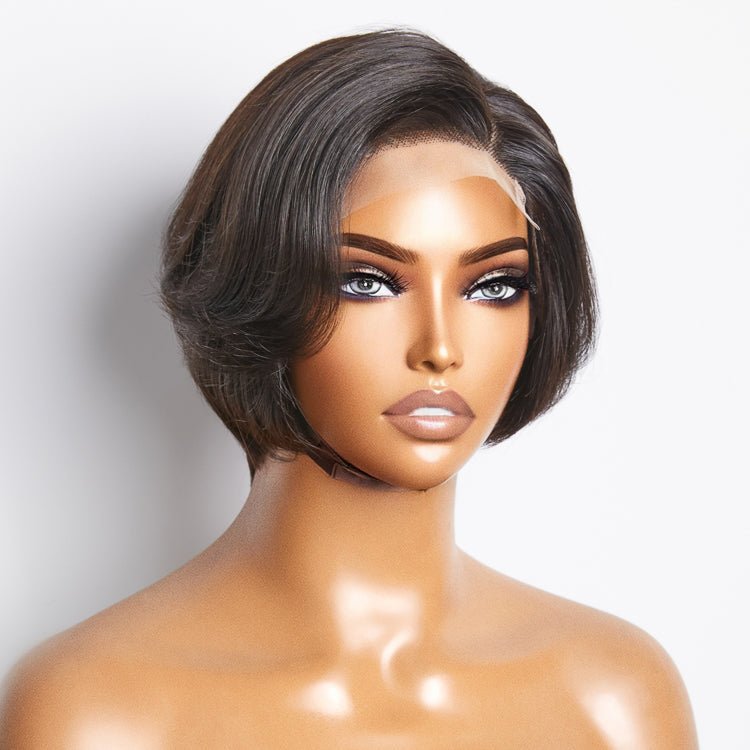 8 Inches 4"x4" Natural Black Straight Bob Side Part Lace Closure Wig - 100% Human Hair - Lordess Beauty