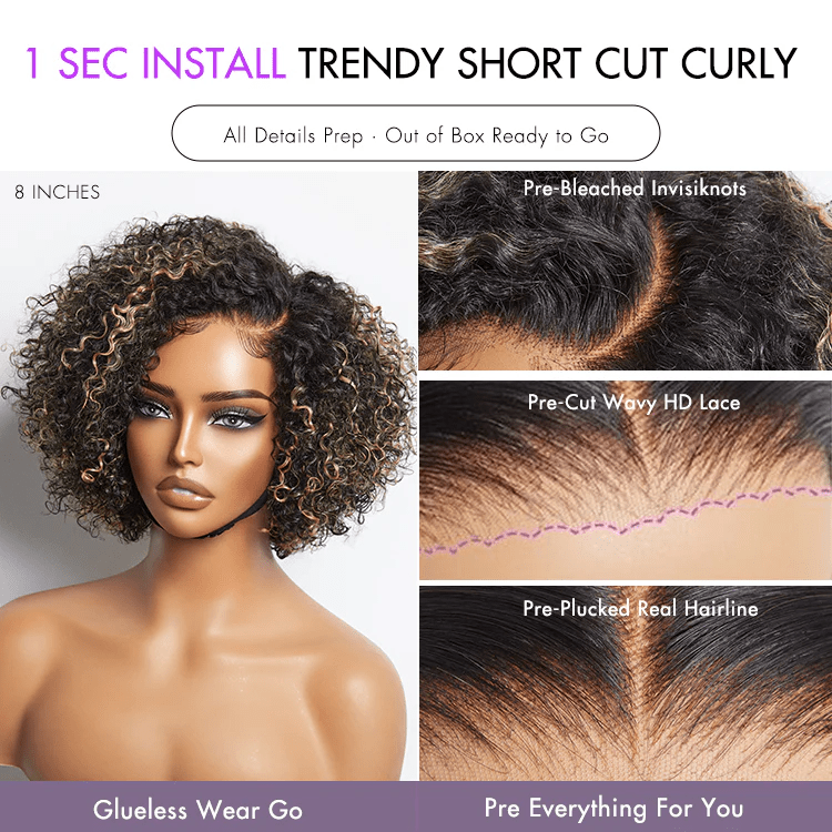 8" Short Curly Glueless Wig – HD Lace Side Part (MB27) - Lordess Beauty