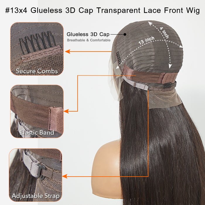 Glueless 3D Cap Pre - bleached Straight 13x4 Transparent Lace Front Wig 150% Density - Lordess Beauty