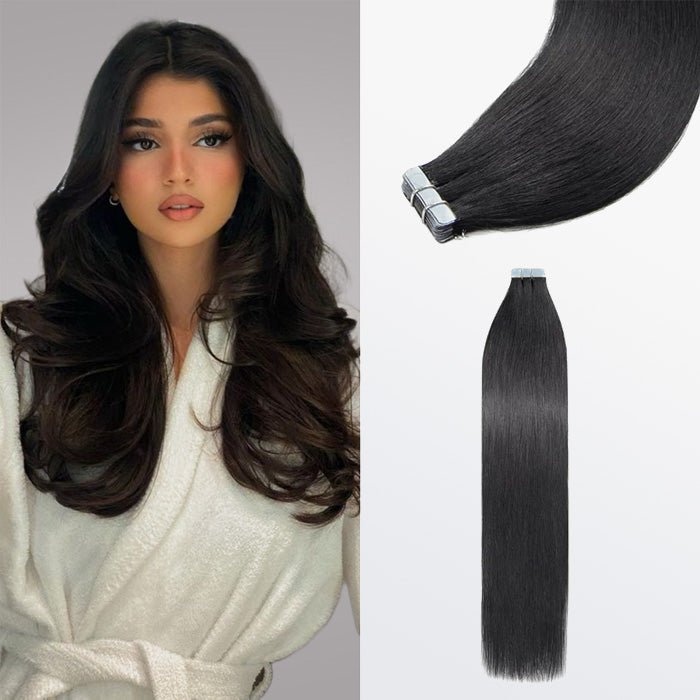Premium Quality Straight Tape In Remy Hair Extensions 1 Jet Black - Lordess Beauty
